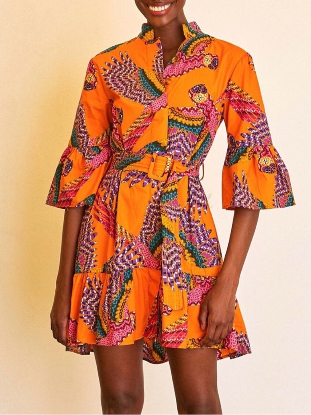 FARM Rio Orange Multicolor Printed Bell-Sleeve Mini Dress